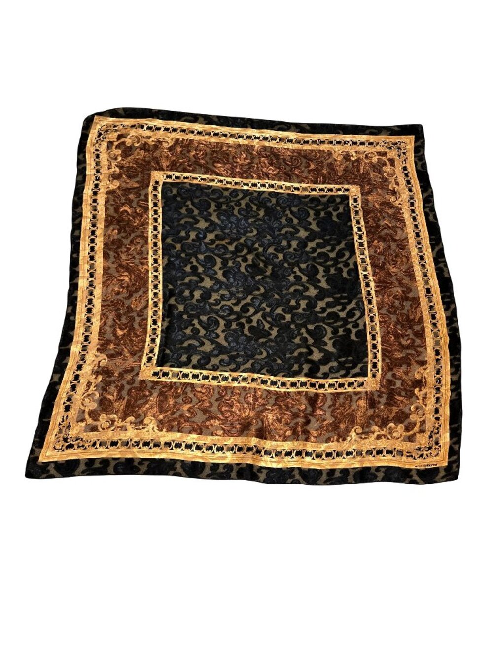 Vintage Liz Claiborne Black & Gold Baroque Scroll Patterned Sheer Square Scarf
